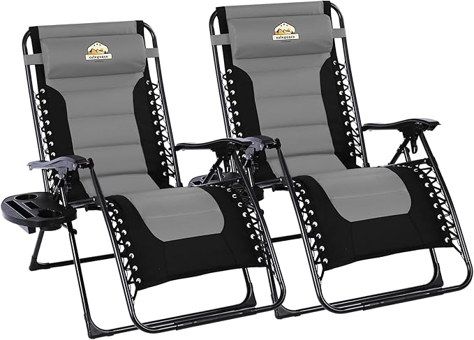 Colegence Oversized Padded Zero Gravity Lounge Chair Set of 2, Foldable Patio Anti Gravity Reclining Chairs Folding Lawn Recliner with Cup Holder for Yard, Camping, Outdoor, Support 350 LBS, Black