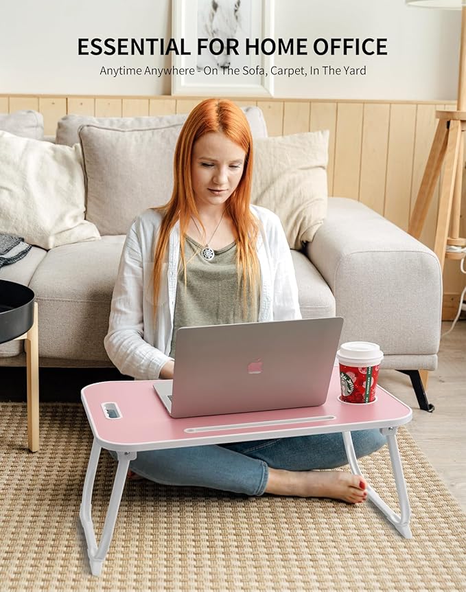 ZEAPTAC Laptop Bed Desk, Foldable Lap Desk, Portable Lap Table, Laptop Stand with Cup Holder & Tablet Slot & Lifting Handle for Working Writing Drawing & Eating - Pink
