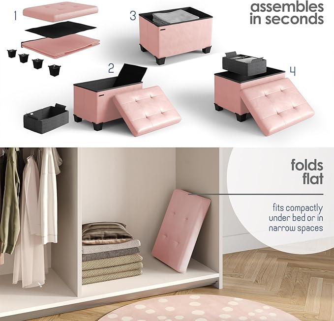 Storage Ottoman Cube with Small Bin, 16-in Square Ottoman with Storage for Living Room and Bedroom, Small Ottomans Foot Rest, Faux Leather Foot Stools Ottomans Max 330lbs, Pink