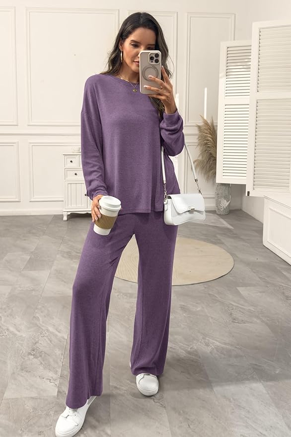 AmazingStar Womens Lounge Set 2025 Fall 2 Piece Outfits Long Sleeve Tops Wide Leg Long Pants Cozy Matching Sets Clothing