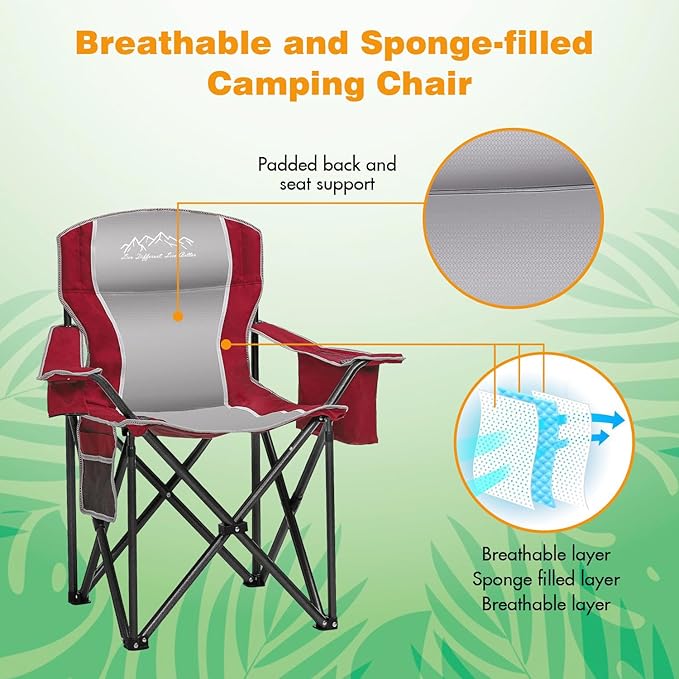 SAILARY 2PCS Folding Camping Chair Portable Outdoor Heavy Duty Padded Chairs Lawn Chair with Cup Holder, Storage Pocket and Cooler Bag, Supports 450LBS Red