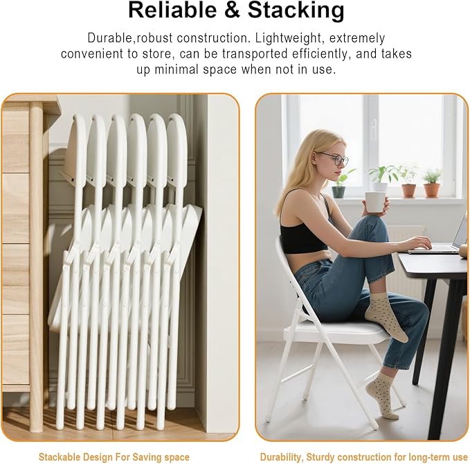 24 Pack White Folding Chairs with Padded Cushion for Outside, Portable Stackable Commercial Metal Foldable Chairs with Steel Frame for Home Events Office Wedding Party, 350lbs Capacity