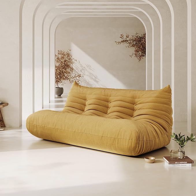Foam Floor Lazy Couch Bean Bag Chair Sofa Fireside 3 Seat Lounger Couches for Adults Oversize Corduroy Cozy Chair for Home, Apartment and Gaming Venue,Yellow
