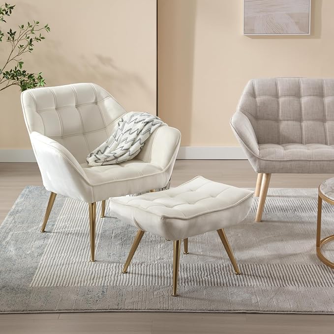 QUINJAY Modern Velvet Accent Chair with Ottoman, Upholstered Lounge Chair with Footrest, Comfy Living Room Chair with Gold Legs Accent Side Chair Armchair for Small Space Bedroom Apartment, Beige