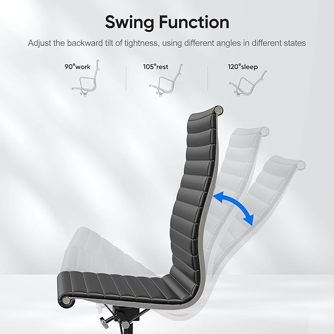OTDMEL Armless Ribbed Office Desk Chair with Top Grain Leather, High Back Ergonomic Swivel Room Chair, Adjustable Height 5-Star Base, Black