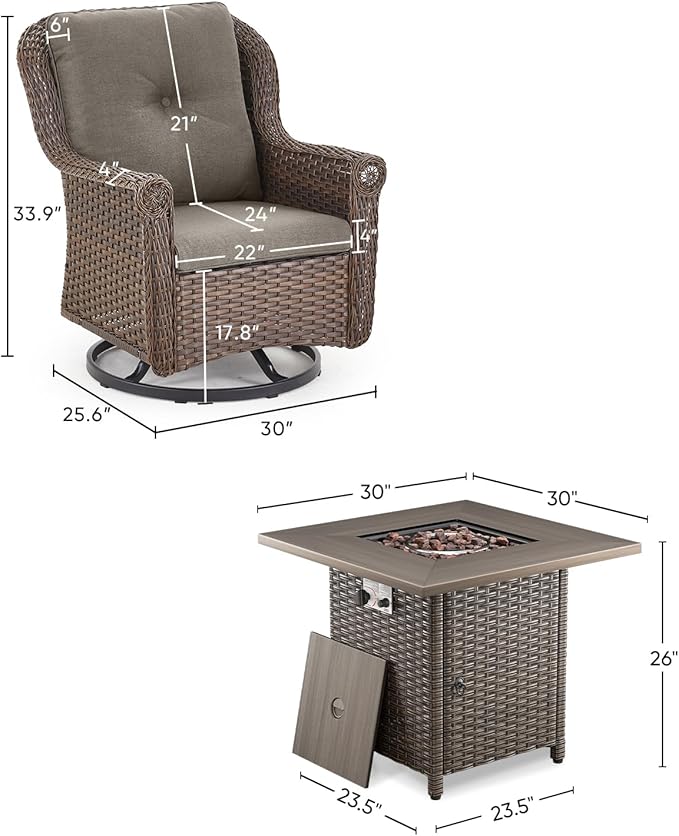 ACTREST Outdoor Patio Swivel Gliders with Fire Pit Table 5 Piece Set - High Back Brown Wicker Rattan Rocking Chair with Thick Cushion for Porch Apartment Deck Yard Poolside Garden - Grey