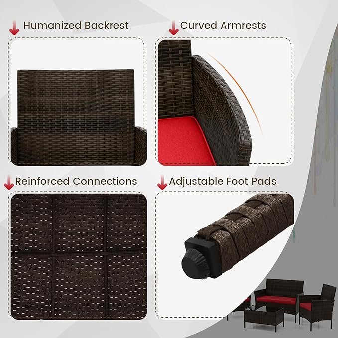 HAPPYGRILL 8 Pieces Outdoor Rattan Conversation Set, Patio Wicker Furniture Set with Loveseat Chairs & Tempered Glass Coffee Table, Outside Sectional Sofa Set for Backyard Garden Poolside, Red