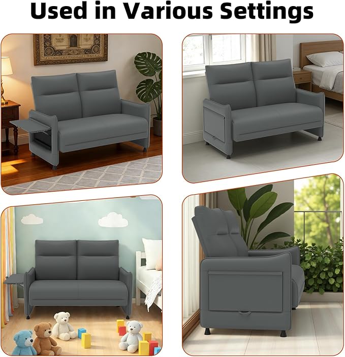 Faux Leather Loveseat, Upholstered Loveseat with Hidden Foldable Tray & Side Pocket, Front Contour Arm Design, Modern 2-Seater Sofa Couch for Compact Spaces, Gray