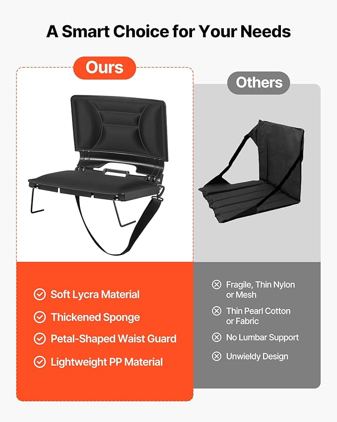 VEVOR Stadium Seat, Folding Bleacher Chair with Back Support and Thick Cushion, Padded Stadium Seat for Bleacher Includes Shoulder Strap, Hooks, Cup Holder, Lycra Material, Side Pocket, PP Material