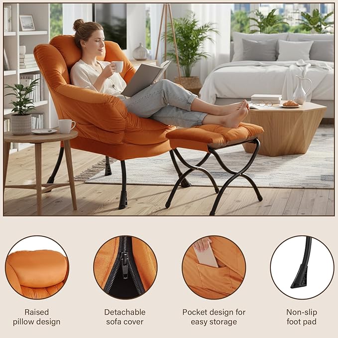 Welnow Lazy Chair with Ottoman, Modern Lounge Accent Chair with Armrests and a Side Pocket, Leisure Sofa Armchair, Reading Armchair with Footrest for Small Space, Corner Chair