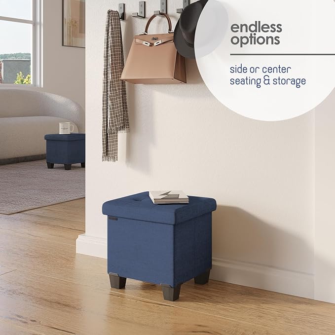 Storage Ottoman Cube with Small Bin, 16-in Square Ottoman with Storage for Living Room and Bedroom, Small Ottomans Foot Rest, Fabric Foot Stools Ottomans Max 330lbs, Blue