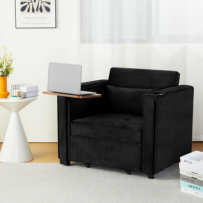 ORRD Convertible Chair Bed, 3-in-1 Multi-Functional Velvet Sleeper Sofa Pull-Out Couch Chair Bed with Adjustable Backrest and Hidden Side Table for Living Room, Small Space, Apartment (Black)