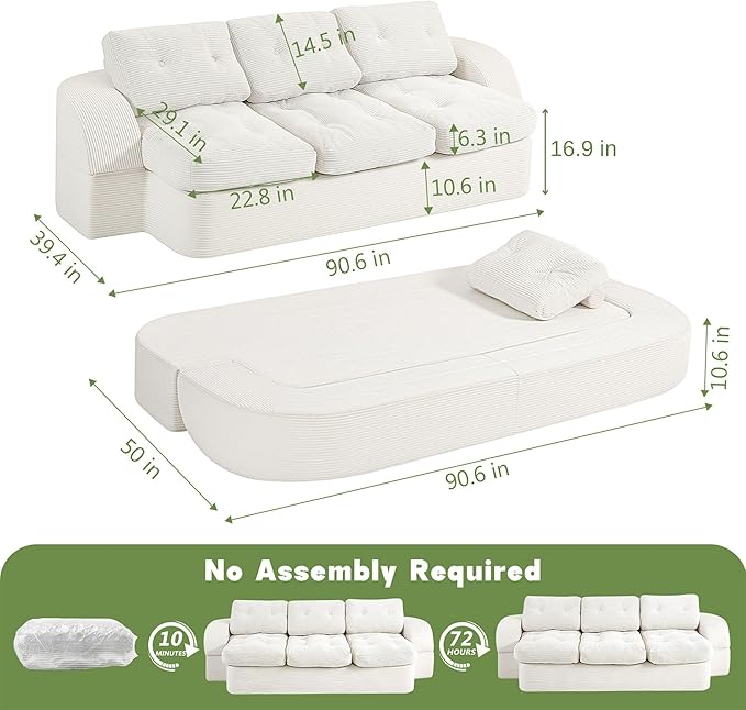 MeMoreCool Cloud Couch – 3-Seater Convertible Sofa Bed, Tufted Cushion, Corduroy, No Assembly, Beige Compact Floor Sofa | Foldable Boneless Design | Comfy Sleeper for Living Room & Small Spaces