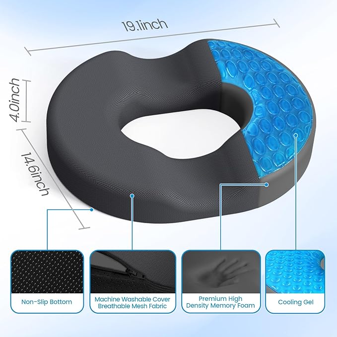 Donut Pillow Seat Cushion - Cooling Gel Floor Pillow, Memory Foam Floor Cushion for Office & Home, Car Seat, Hemorrhoids Pillow, Sciatica & Tailbone Pain Relief Chair Cushion, Grey-XXL