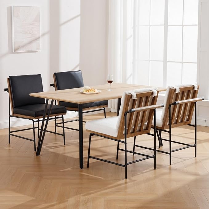 DUOMAY Mid-Century Modern Dining Chairs Set of 6, PU Leather Upholstered Side Chair with Rear Handle, Armless Chair with Metal Legs for Kitchen Dining Room Living Room Vanity, Black
