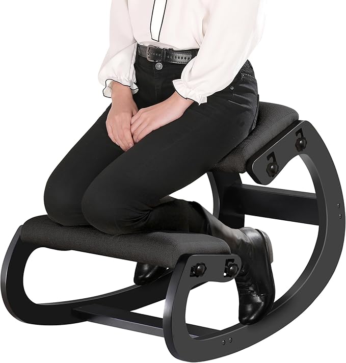 Predawn Adjustable Ergonomic Kneeling Chair – Custom Height Rocking Posture Stool with Thick Cushions, Solid Wood Frame, Knee Support Seat for Adults, Office or Meditation Use (Onyx Black)