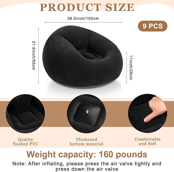 Realspring 9 Pcs Inflatable Bean Bag Chairs for Adults with Electric Air Pump, Blow up Couch Folding Portable Inflatable Couch Lazy Sofa for Outdoor Movie Nights Camping Room (Black)