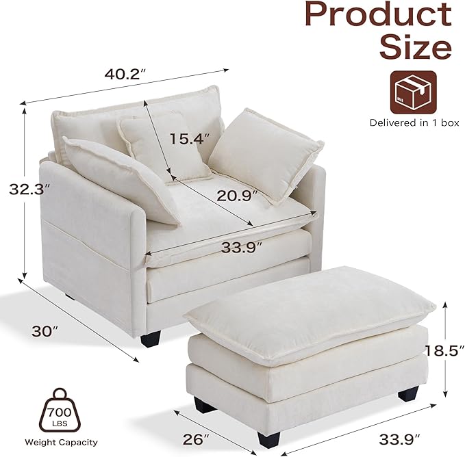 SweetGO corporation 40" Chenille Lounge Chair for Reading, Modern Couch Cozy Sofa Bed, Upholstered Living Room Single Sofa Accent Chair with Ottoman Set of 2, Beige