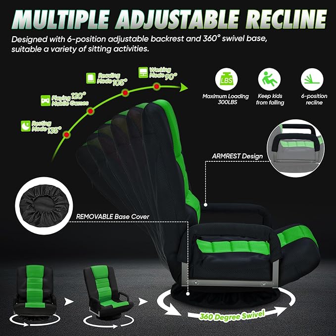 Swivel Gaming Chair 360 Degree Multipurpose Floor Chair w/Armrest & 6 Adjustable Postions Backrest for Adults & Kids, for Reading, Gaming, Watching, Relaxing, Green