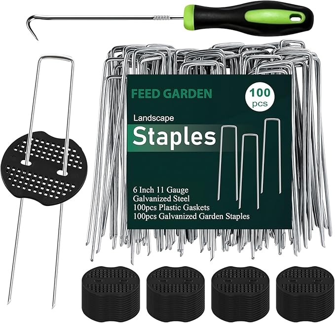 FEED GARDEN 6 Inch 100 Pcs Galvanized Landscape Staples 100 Pcs Gaskets Pick Hook Garden Stakes 11 Gauge Anti-Rust Landscaping Fabric SOD Pins U Shaped Yard Turf Stakes for Weed Barrier Fabric