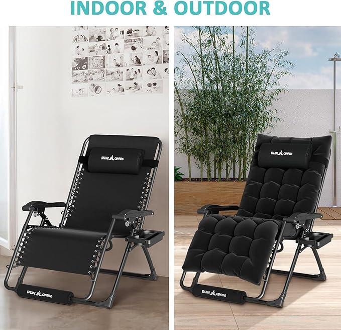 Amopatio Oversized Zero Gravity Chair with Cushion, XL Folding Outdoor Lounge Reclining Patio Chair with Tray/Footrest/Headrest for Camping Sunbathing Relaxing Reading