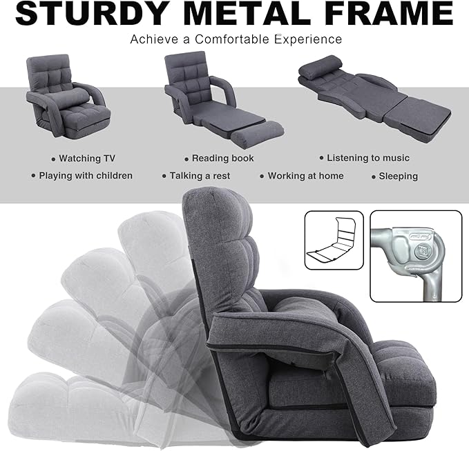 DeeLyan Indoor Floor Chair with Armrest and Pillow Folding Chaise Lounge Sofa 14-Position Adjustable Comfy Gaming Recliner Chair Padded Seats for Adults (Grey)