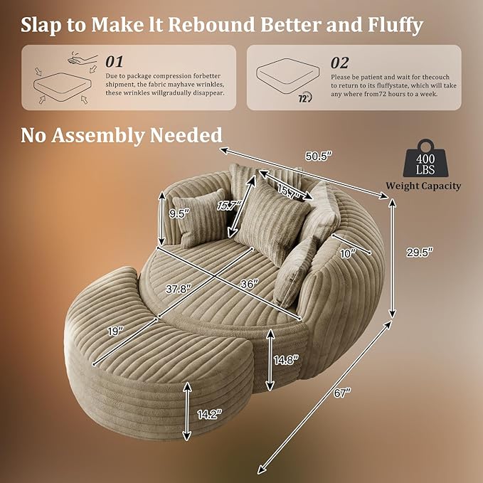 50" W Oversized Round Chaise Lounge Chair with Ottoman Indoor Boneless Plush Fluffy Corduroy Circle Couch Soft Comfy Cozy Cloud Reading Chair for Living Room, Playroom, Bedroom - Camel
