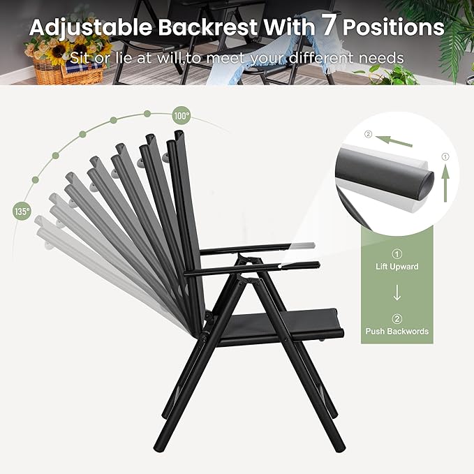 PHI VILLA Outdoor Patio Folding Chairs Set of 2, Portable Patio Dining Chairs with Adjustable Backrest for Outside, Garden, Lawn & Yard, No Assembly, Black