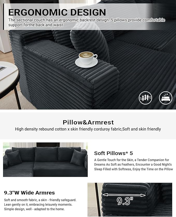 Vanress Cloud Couch Sectional, Corduroy Boneless Couch with L-Shape Chaise, Modern Modular Sectional Sofa Comfy Deep Seat for Living Room, Bedroom, No Assembly (Dark Grey, Right Facing Chaise)