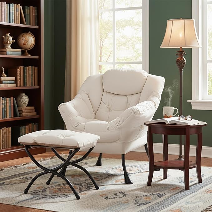 Welnow Lazy Chair with Ottoman, Modern Lounge Accent Chair with Armrests and a Side Pocket, Leisure Sofa Armchair, Reading Armchair with Footrest for Small Space, Beige