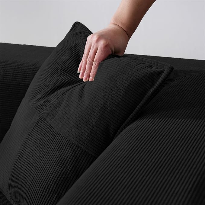 Antetek Convertible Futon Sofa Bed, 3-Seater Modern Corduroy Foam Floor King Size Bed Fold Out Sleeper Lounge Loveseat Sofa Couch with 2 Throw Pillows for Living Room Bedroom Guest Room, Black