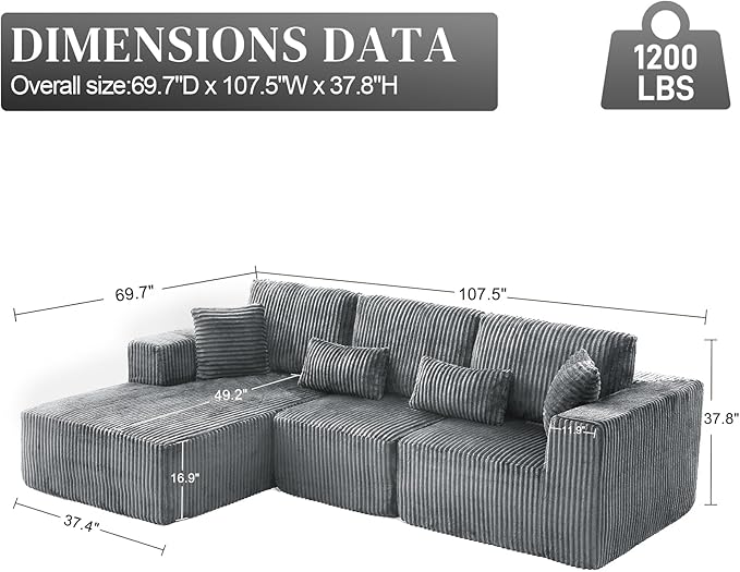HYJT-H&K Modular Sectional Sofa Cloud Sectional Couch, 107" Comfy Fluffy L Shaped Dark Grey Couches for Living Room, Deep Seat Memory Foam Plush Corduroy Boneless Couch Sectionals Left Facing Chaise