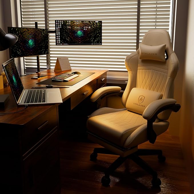 GTPLAYER Gaming Chair with Speakers, Video Game Chairs with Footrest, PC Game Chairs for Adults - Padded High Back Ergonomic Reclining Silla Game, Linkage Armrest, Ace Pro, Cream