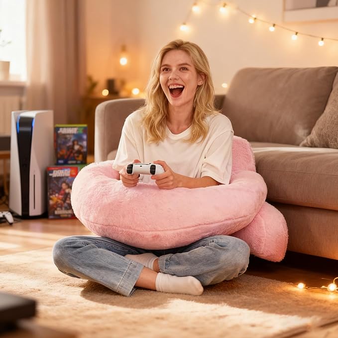 PAJEO Reading Pillow for Bed,U Shaped & Back Support Pillow for Bed,19" Backrest with Lumbar & Arm Support,Luxurious Faux Rabbit Fur,Gaming PillowFor Crochet/Reading/Watching TV,Pink