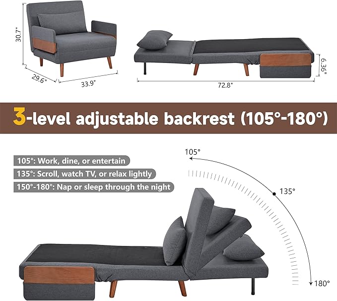 CITTANEO 2 Sets 34" Convertible Sleeper Chairs, 3-in-1 Chair Bed Sleeper for Adults with Adjustable Backrest, Pillows & Wooden Arms, 2 Piece Sofa Bed Sets for Living Room, Apartment, Office, Gray