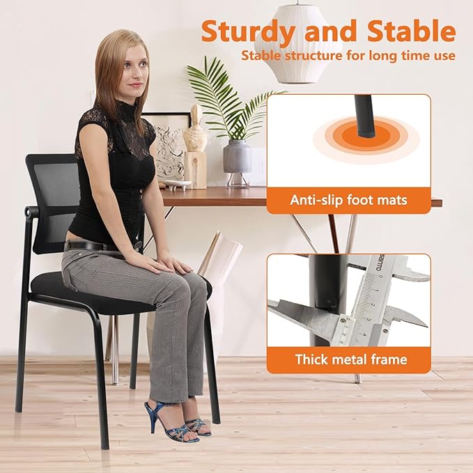 CLATINA 4PK Mesh Stacking Office Desk Chairs, Portable Stackable Bulk Waiting Room Armless Chair with Adjustable Back & Fabric Seat for Guest Lobby Side School Church Conference Break, Black