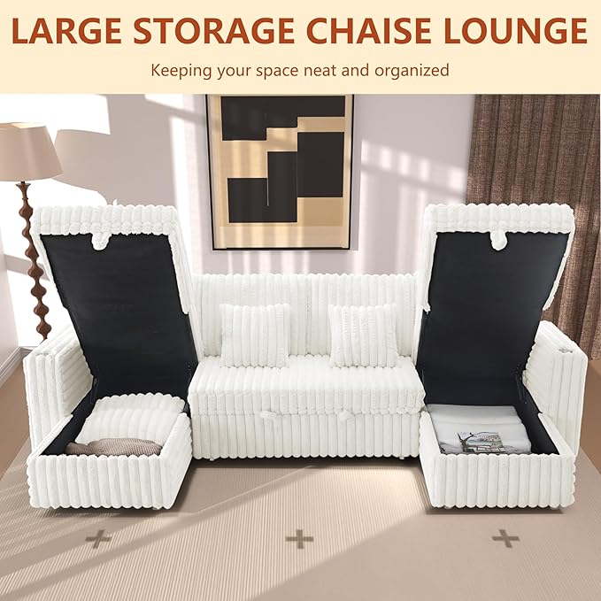 124" Sectional Sleeper Sofa with Pull Out Bed, Comfy Fluffy Plush Corduroy Cloud Sectional Couches for Living Room, U Shaped Modular Couch with Storage Chaise, Cup Holder & USB Charger, Beige