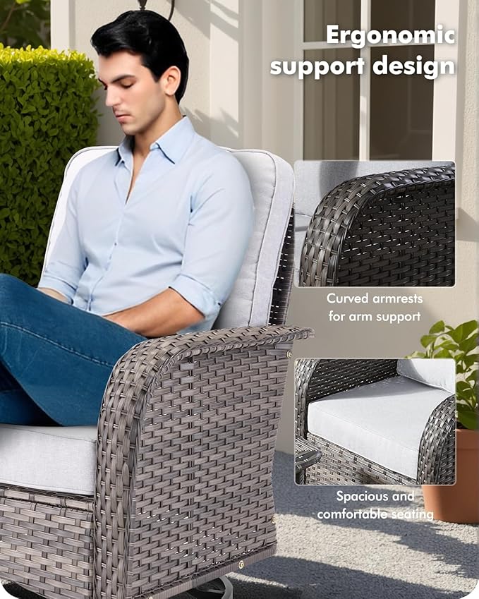 CAODOC 3-Piece Swivel Rocking Rattan Chair Outdoor, Patio Bistro Furniture Conversation Set, Wicker Chair with Coffee Table Grey