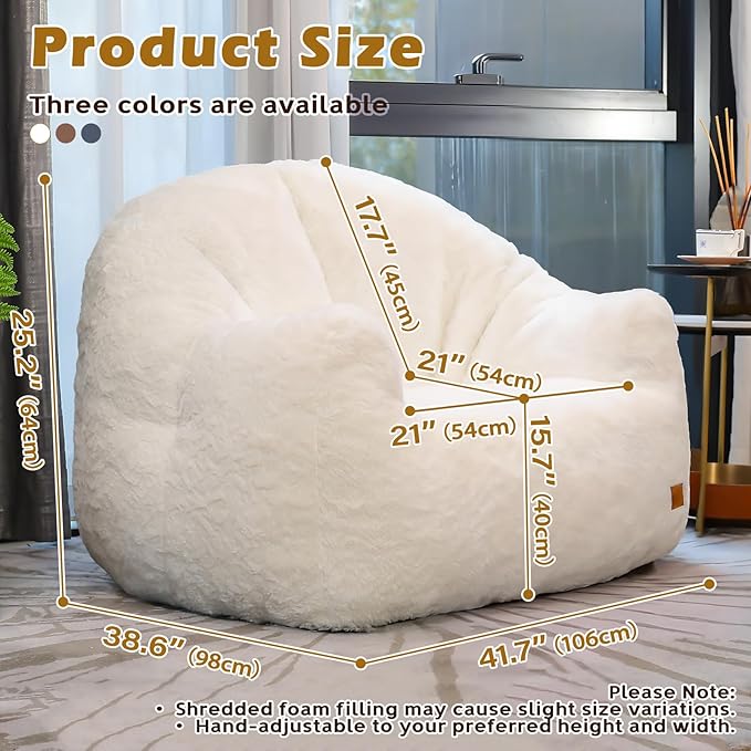 Big Bean Bag Chairs for Adults Giant Sofa with Faux Fur Shell-Shaped Beanbag Couch, Stuffed Large Bean Bag Floor Chair for Living Room, Beanbags Reading Chair for Bedroom Single Sofa(L-White)