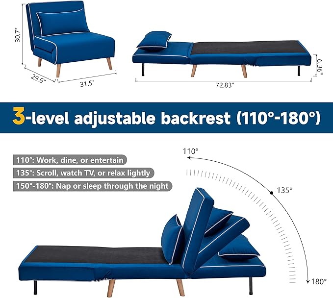 CITTANEO 2 Sets 32" Convertible Sleeper Chair, 3-in-1 Folding Sleeper Chair with Adjustable Backrest and Pillows, 2-Piece Sofa Bed Sets for Apartment, Office, Blue