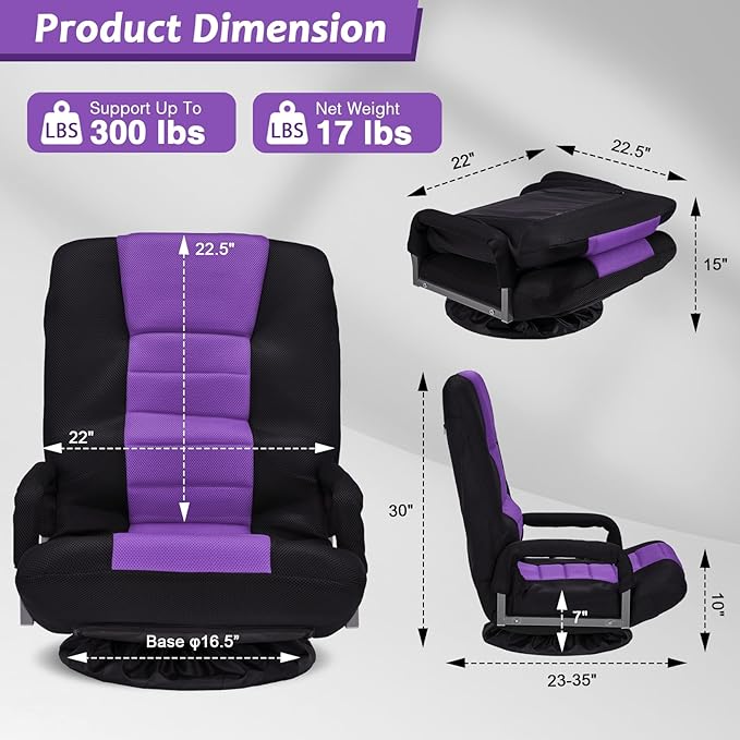 360 Rotating Swivel Gaming Chair w/6 Adjustable Positions Backrest Foldable Floor Chairs Suitable for Reading, Relaxing, Mediation,Purple