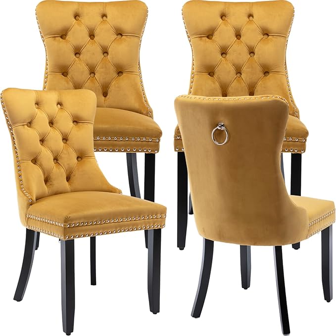 YeahFurn Yellow Mid Century Modern Dining Chairs Set of 4, Velvet Upholstered Kitchen & Dining Room Chairs with Nailhead Trim & Solid Wood Legs, Elegant Sillas De Comedor (Yellow, 4 Pcs)