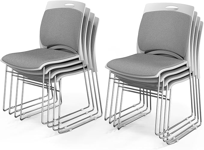 VINGLI Stackable Chairs Set of 8, Stacking Office Chairs with Metal Sled Base, Ergonomic Plastic Padded Seat & Back, Capacity 350lbs, Stacking Chairs for Waiting Room Break Room Banquet Guest, Gray