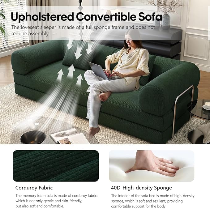 YUODL 78.8" Modular Sofa Bed - 4-in-1 Convertible Design with Corduroy Fabric and High Density Sponge, Removable Cover and Fixed Frame