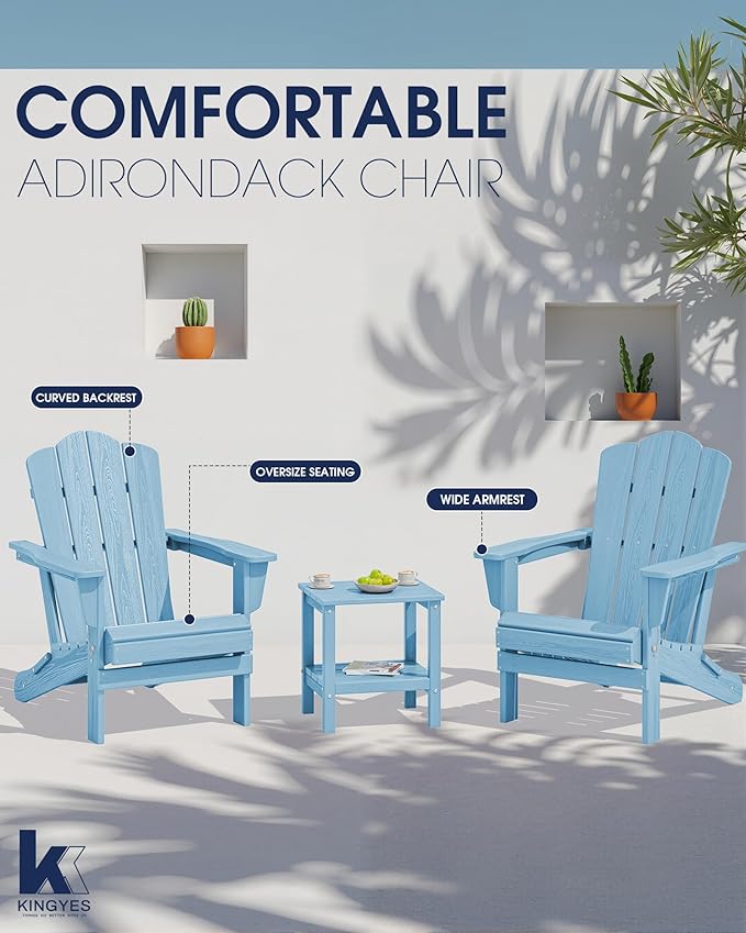 KINGYES Folding Adirondack Chair, HDPE All-Weather Patio Chairs, Wooden Textured Lawn Chair for Poolside, Backyard, Deck, Fire Pit, Light Blue