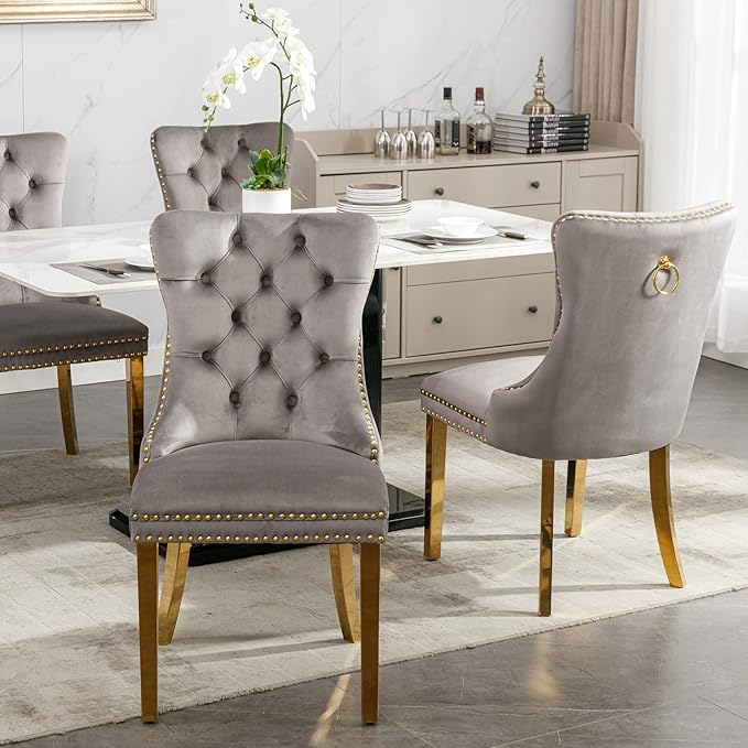 YeahFurn Mid Century Modern Dining Chairs Set of 2, Grey Velvet Upholstered Tufted Back, Kitchen & Dining Room Chairs, Gold Metal Legs, Nailhead Trim, Sillas para Comedor (Gray, 2 Pcs)