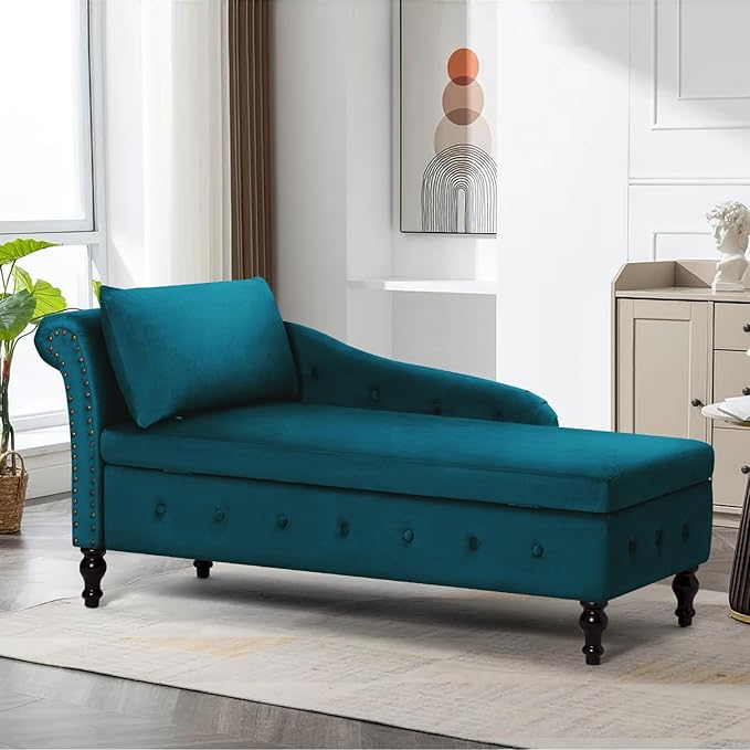 ACMEASE Upholstered Chaise Lounge with Left Armrest & Lumbar Pillow,Button Tufted Lounge Sofa with Storage,Lounge Chair Indoor,Modern Velvet Lounge Chair for Bedroom, Living Room and Office,Teal