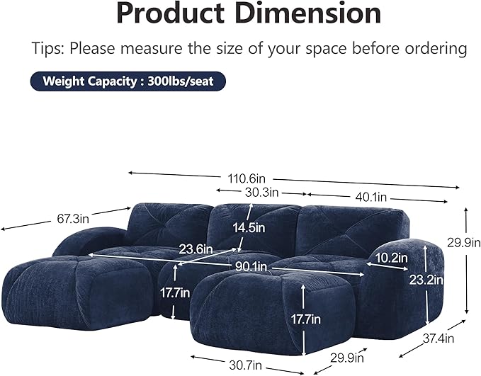 Modular Sectional Sofa with Free Combination,Boneless Floor Couch for Living Room & Lounge,Velvet 3-Seater Sectional Couch with 2 Ottomans,No Assembly Needed
