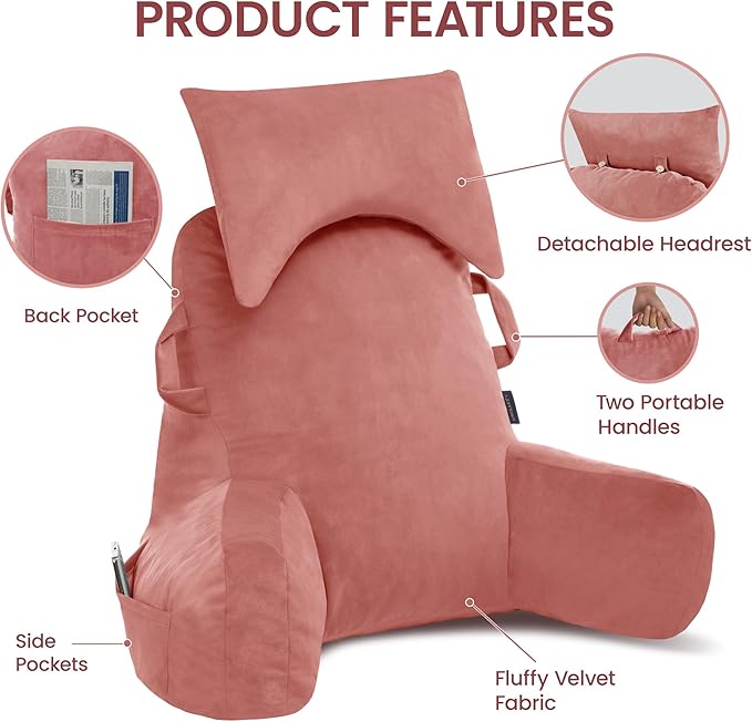 Unisakey Portable Reading Pillows with Headrest for Bed Sitting Up(Dark Pink Oeko-Tex), Velvet Back Pillow with Arms & Pockets for Adults, Support Memory Foam Bed Pillow for Dorm/Watching/Gaming
