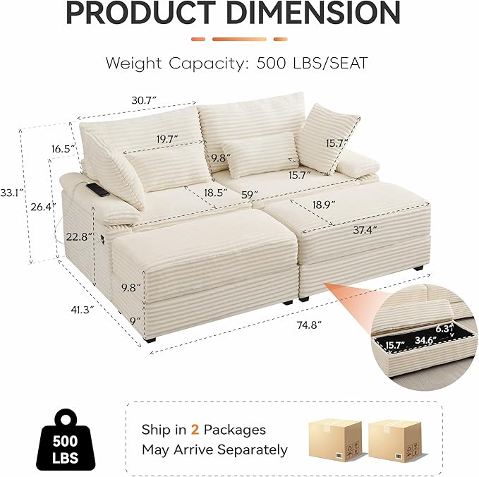 75" Corduroy Loveseat with Storage Ottoman, Cloud Deep Seat Couch with Convertible Ottoman Coffee Table & USB, Double Chaise Lounge for Living Room, Beige